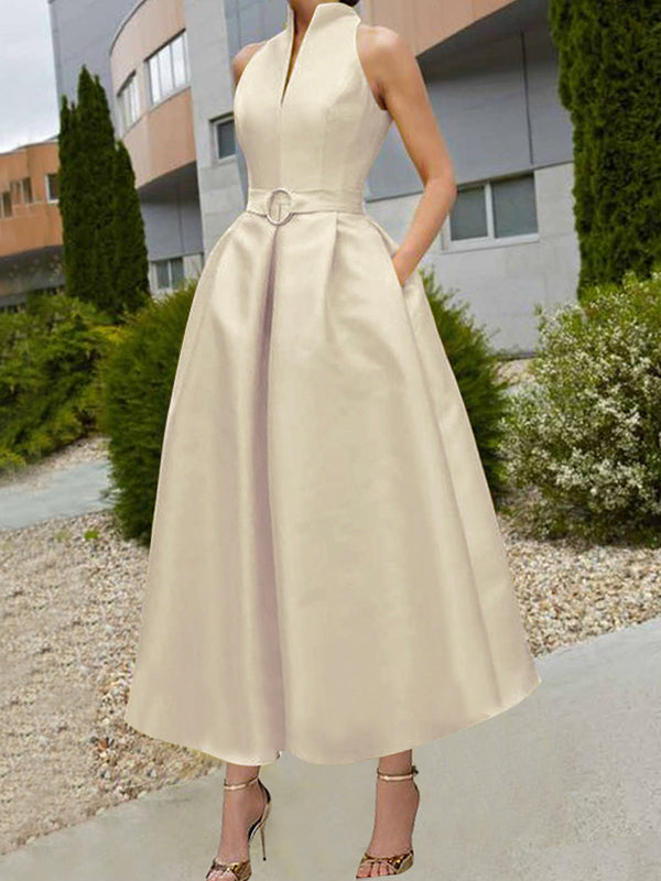 A-Line Loose Belted Pleated Pockets Solid Color V-Neck Midi Dresses