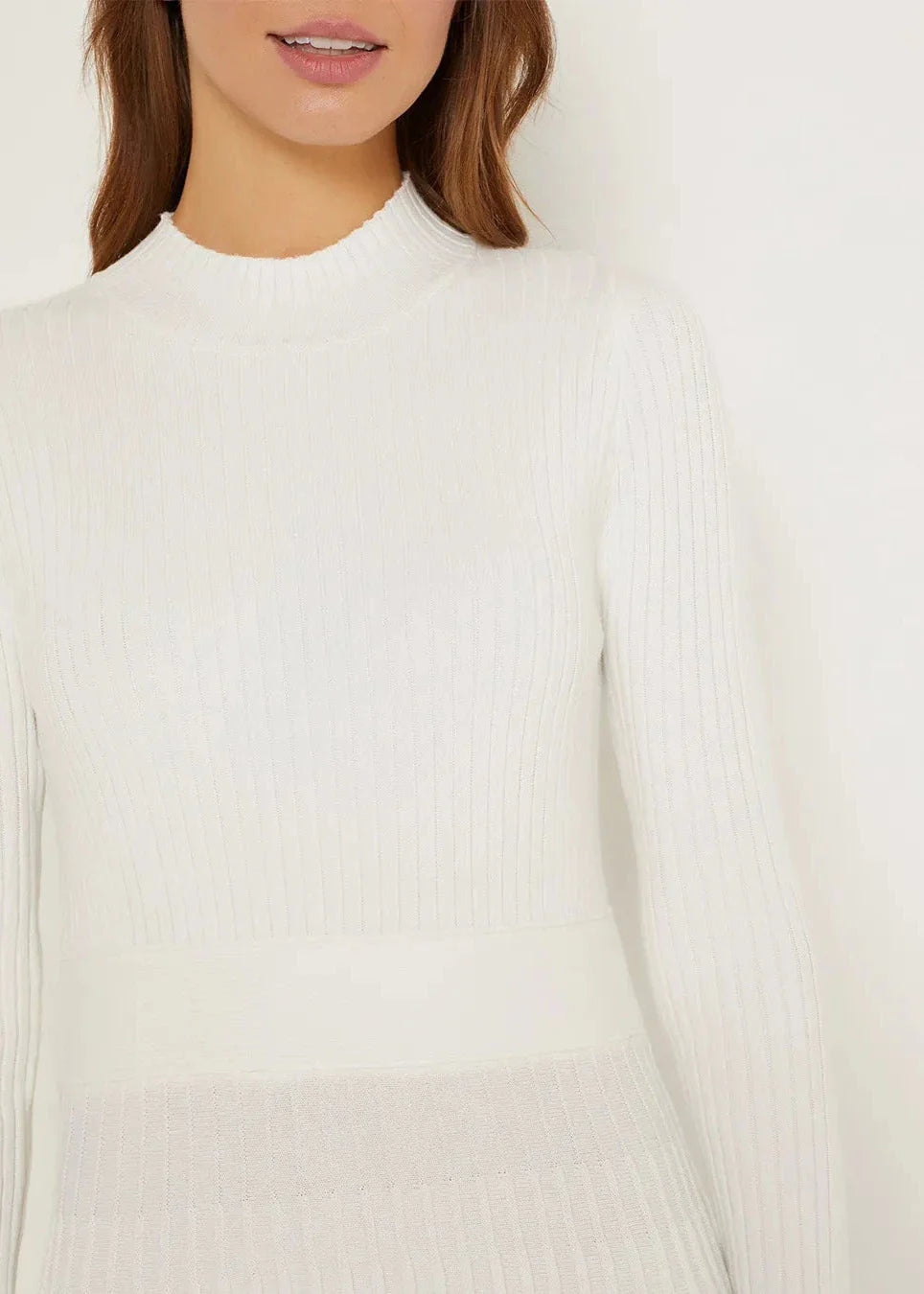 Elegant Ribbed Pleated Knit Dress - Half Turtleneck Long Sleeve