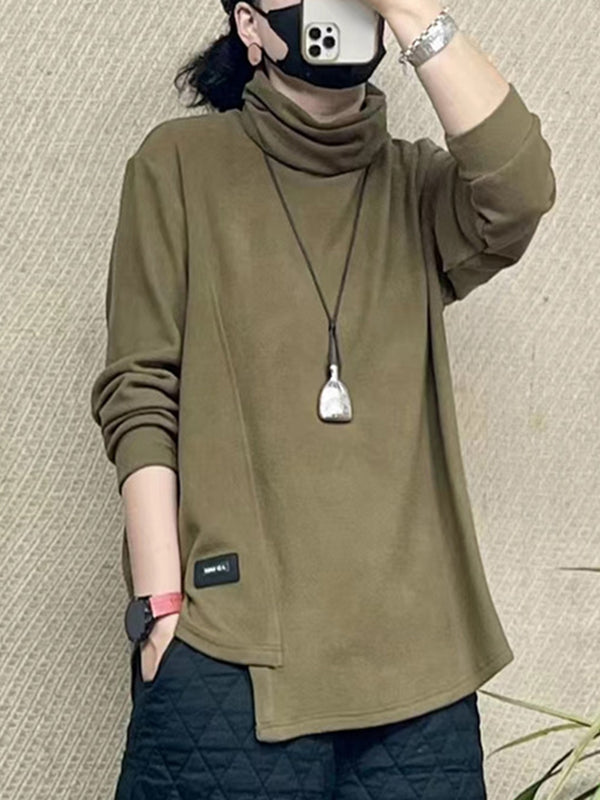 Long Sleeves Loose Asymmetric Solid Color High Neck T-Shirts Tops