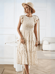 Always Falling Floral Tiered Midi Dress - Beige