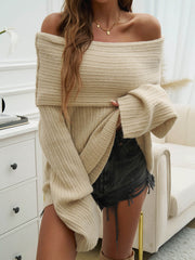 Coffee Run Off The Shoulder Sweater - Beige