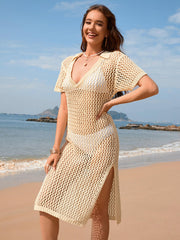 Aruba Net Crochet Knit Midi Dress - Beige