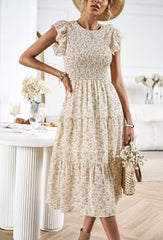 Always Falling Floral Tiered Midi Dress - Beige