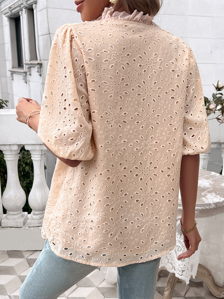 Ventura Eyelet Short Sleeve Blouse - Beige