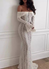 Off-Shoulder Flared Sleeve Lace Sheath Dress