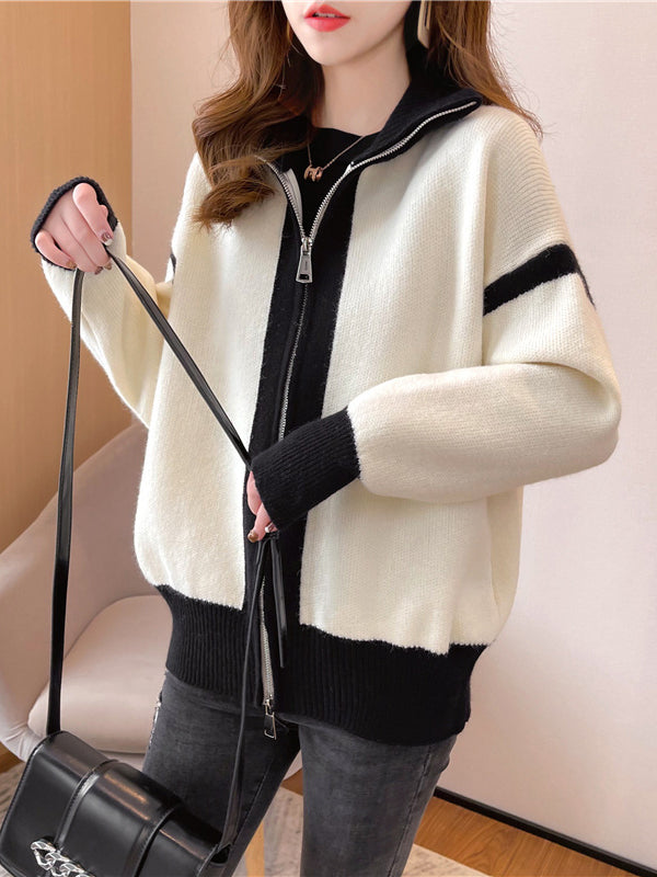 Casual Long Sleeves Contrast Color Zipper Stand Collar Cardigan Tops