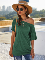 Simple Short Sleeves Loose Solid Color One-Shoulder T-Shirts Tops