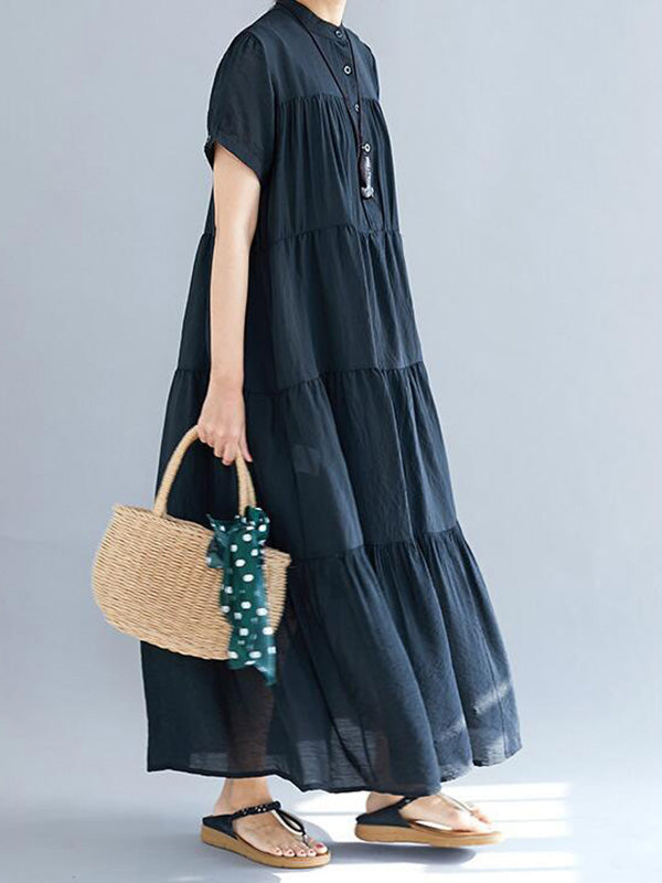 Vintage Loose Split-Joint Pleated Short Sleeves Round-Neck Midi Dress