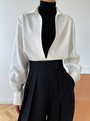 Long Sleeves Loose Solid Color Lapel Blouses