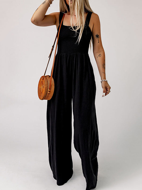 Sleeveless Wide Leg Pleated Solid Color Square-Neck Jumpsuits