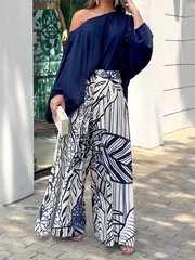 Loose Puff Sleeves Solid Color Off-The-Shoulder Blouses& Printed Pants Two Pieces Set