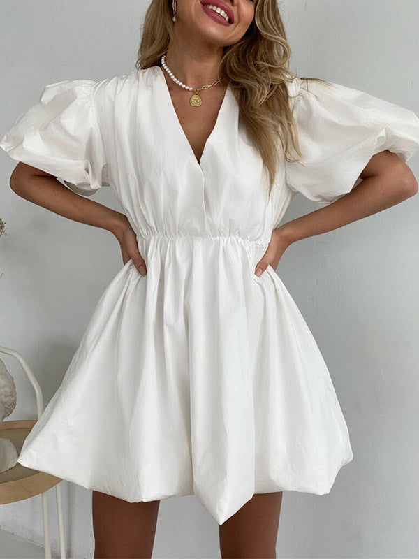 Loose Puff Sleeves Solid Color V-Neck Mini Dresses