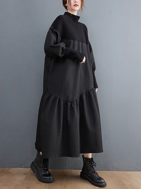 Casual Long Sleeves Loose Split-Joint Jacquard High-Neck Sweater Dresses