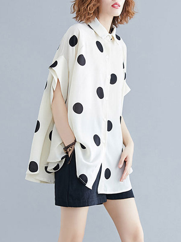 Batwing Sleeves Half Sleeves Buttoned Polka-Dot Lapel Blouses&Shirts Tops