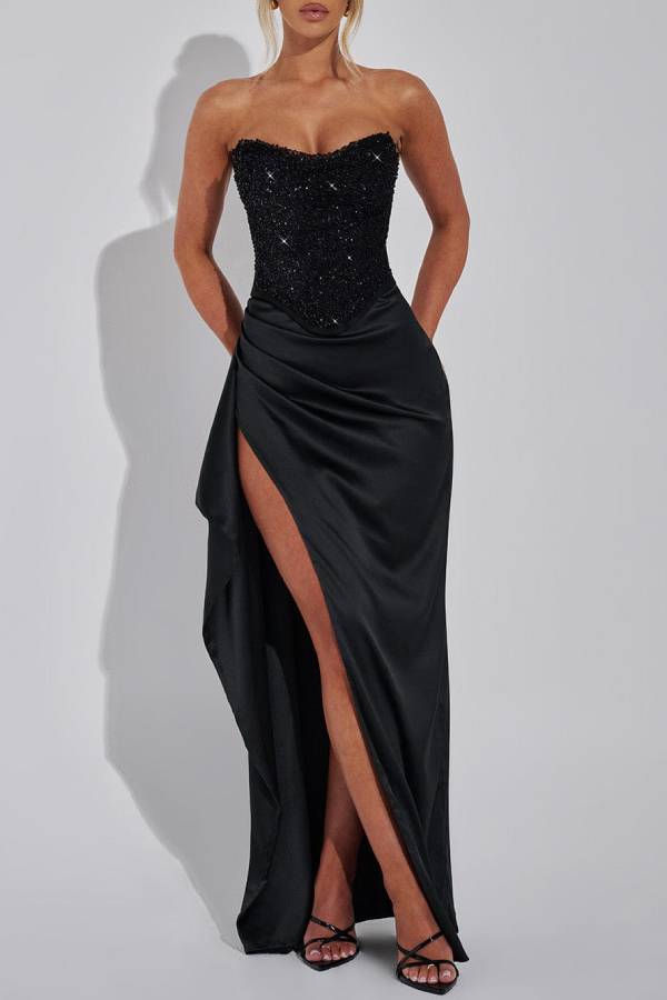 Amazing Dream Sequin Satin Patchwork Off Shoulder Ruffles Drape Slit Maxi Dress