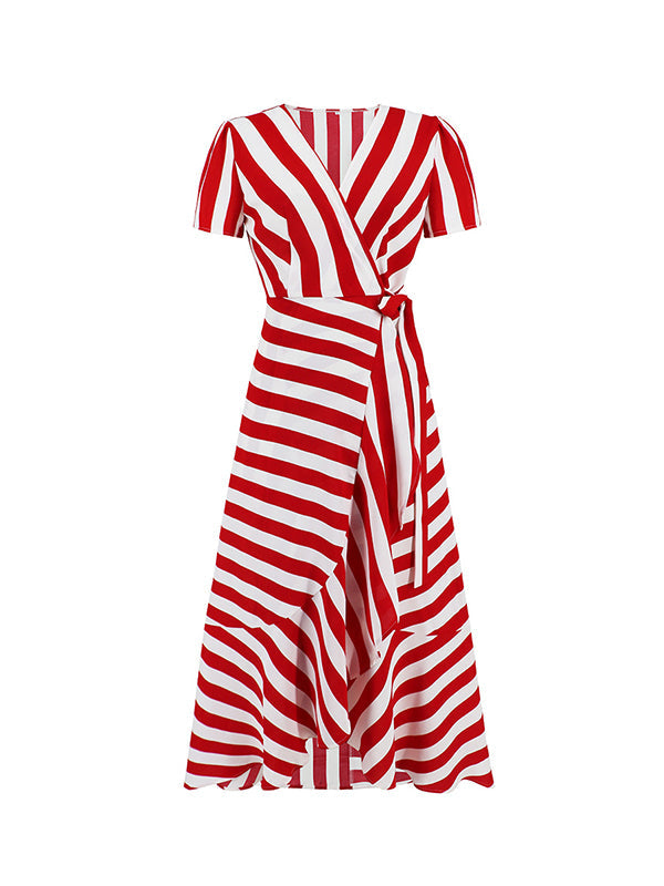 High-Low Loose Split-Joint Striped Tied V-Neck Maxi Dresses