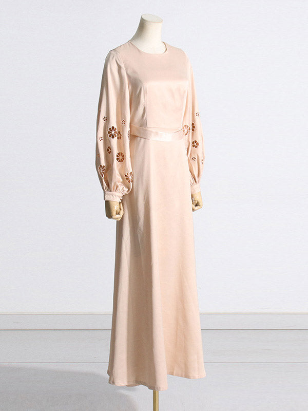 A-Line Long Sleeves Hollow Solid Color Round-Neck Maxi Dresses