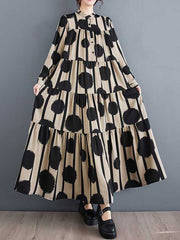 A-Line Long Sleeves Buttoned Pleated Polka-Dot Split-Joint Stand Collar Maxi Dresses Shirt Dress