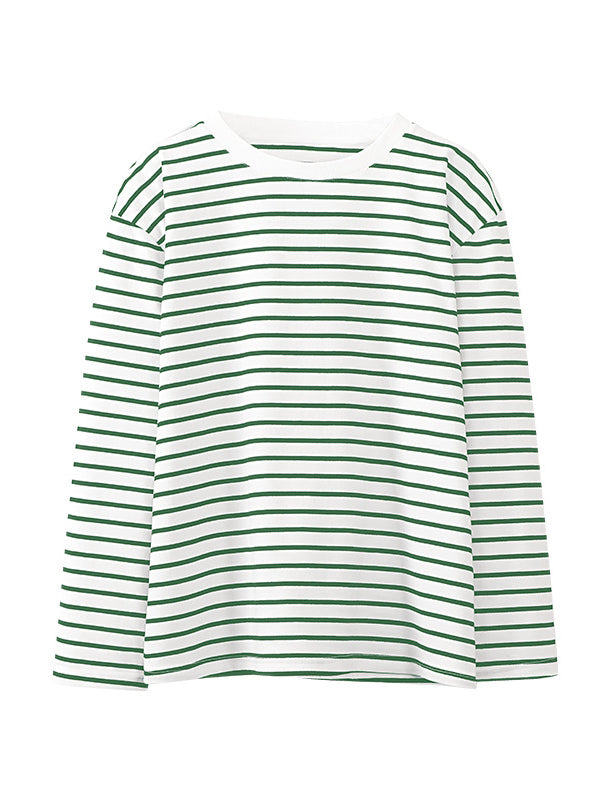 Long Sleeves Loose Striped Round-Neck T-Shirts Tops