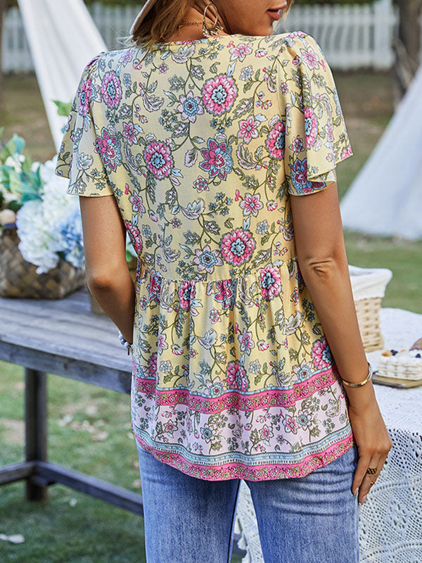 Loose Short Sleeves Buttoned Flower Print Split-Joint Tasseled Tied V-Neck T-Shirts Tops