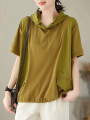 Hooded Loose Drawstring Solid Color Split-Joint Hooded T-Shirts Tops