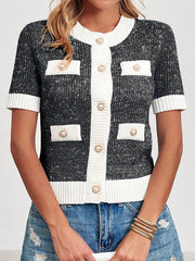 Short Sleeves Buttoned Pockets Split-Joint Round-neck Cardigan Tops