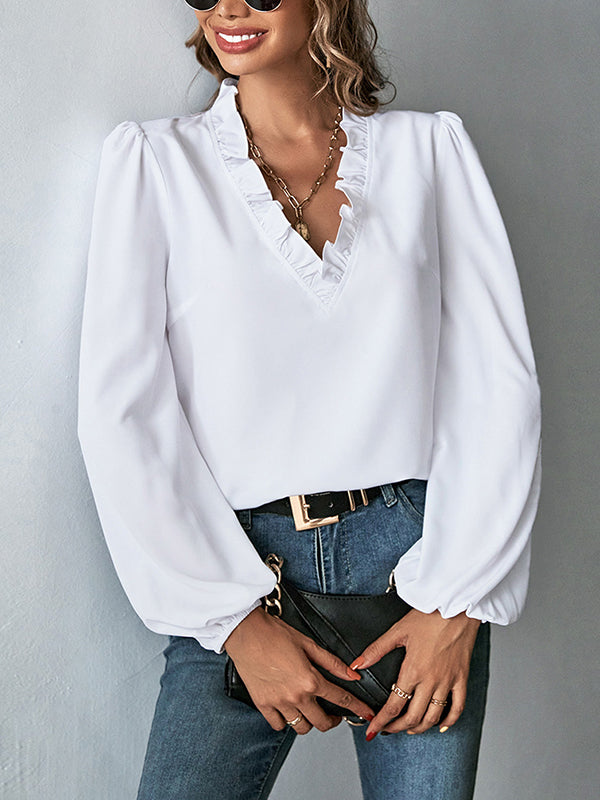 Long Sleeves Loose Ruffled Solid Color V-Neck Blouses&Shirts Tops