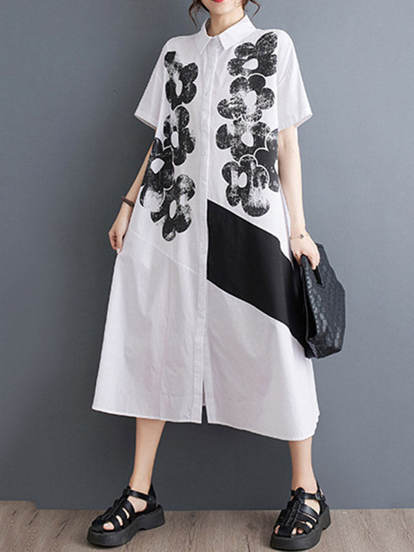 A-Line Loose Asymmetric Buttoned Flower Print Lapel Midi Dresses Shirt Dress