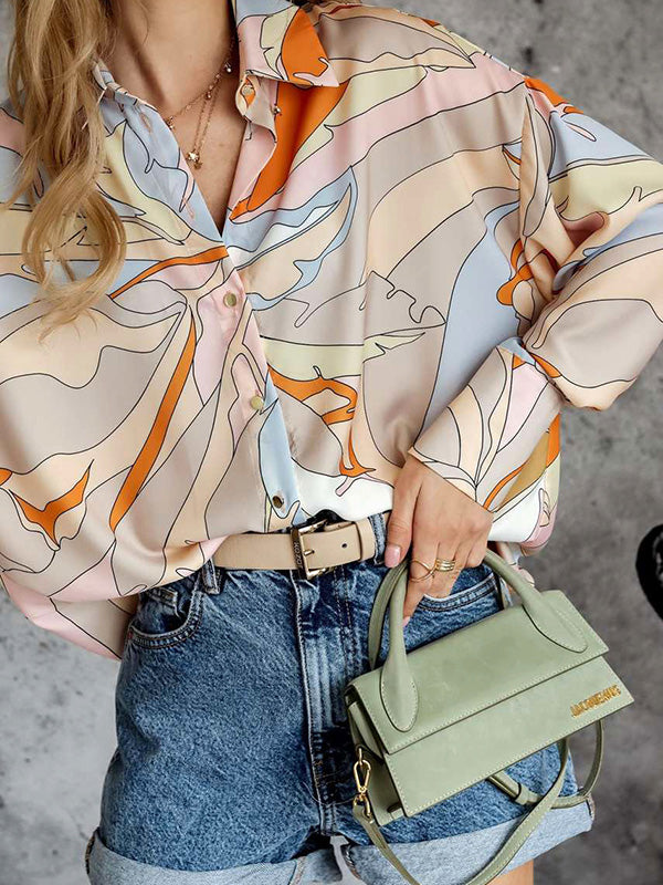 Casual Loose Printed Lapel Collar Blouses&Shirts Tops