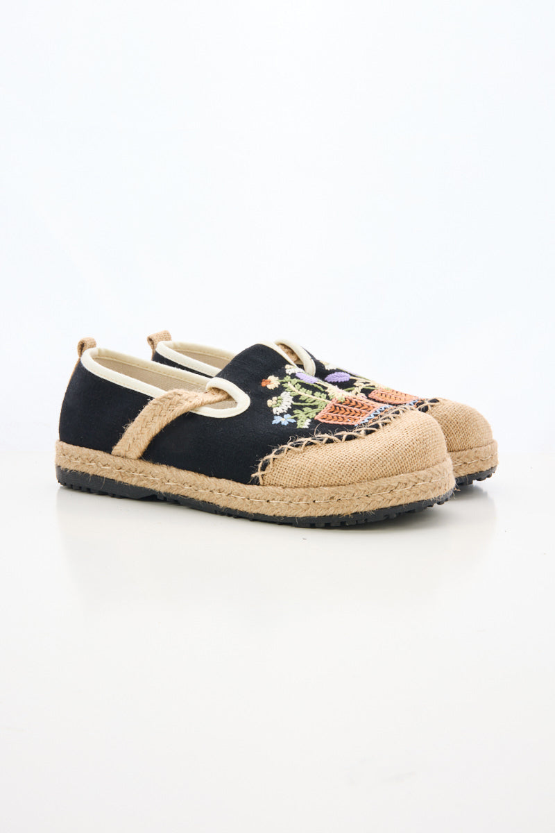 Cactus Rose | Kahului Embroidered Linen Espadrilles - Black