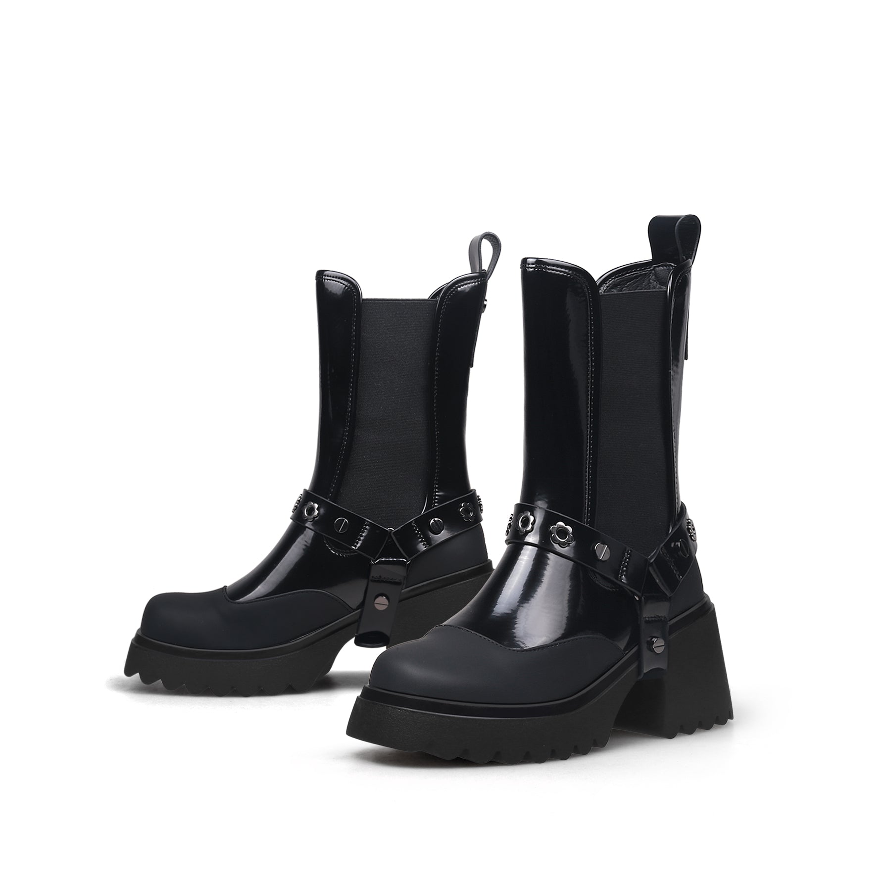 JADY ROSE | STRAP RIVET LEATHER CHELSEA BOOT - BLACK