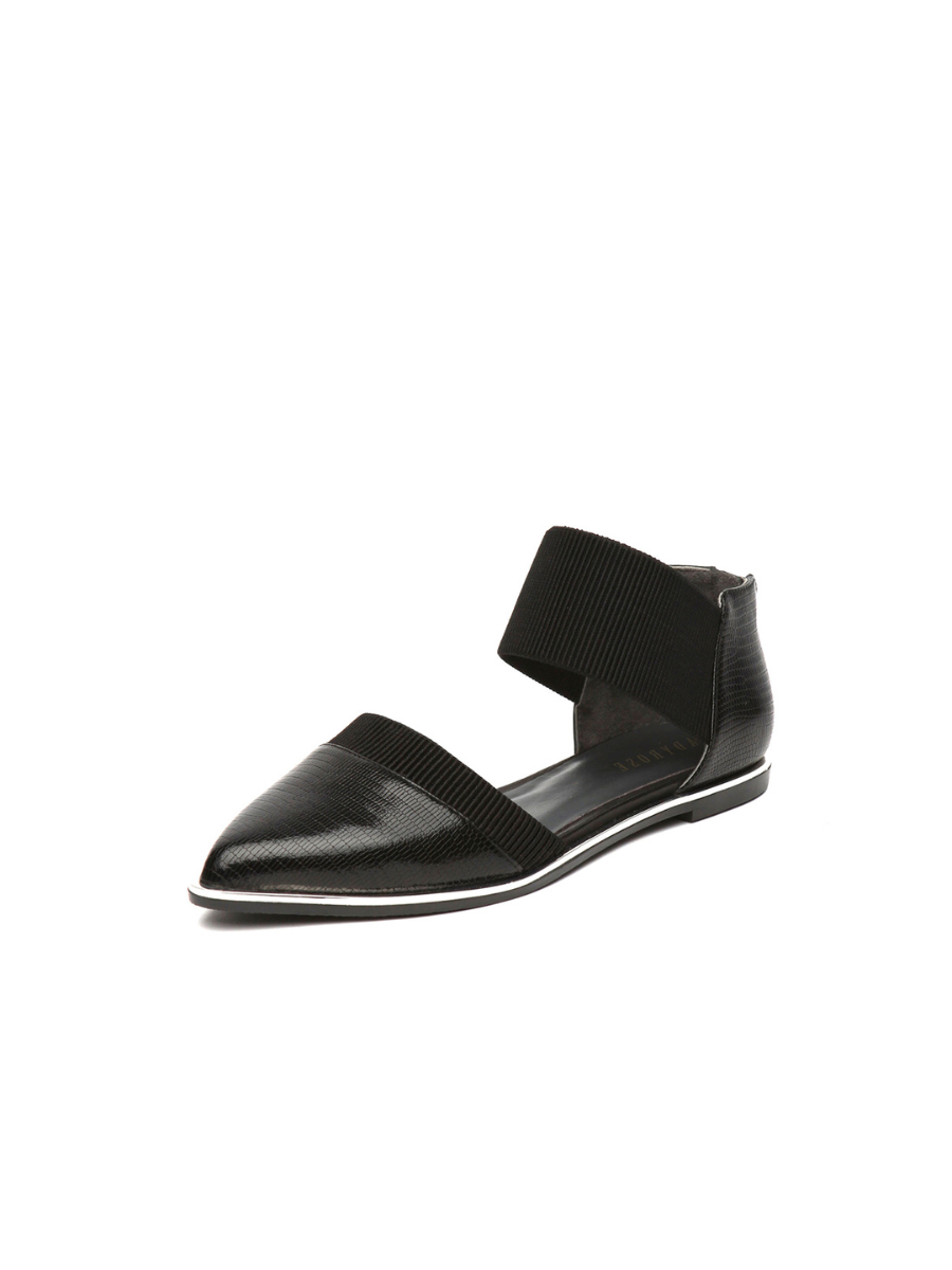 JADY ROSE | POINTED LEATHER ANKLE-STRAP FLAT - BLACK