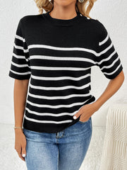 Regatta Striped Crew Neck Short Sleeve Knit Top - Black