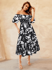 Summer in Amalfi Puff Sleeve Midi Dress - Black