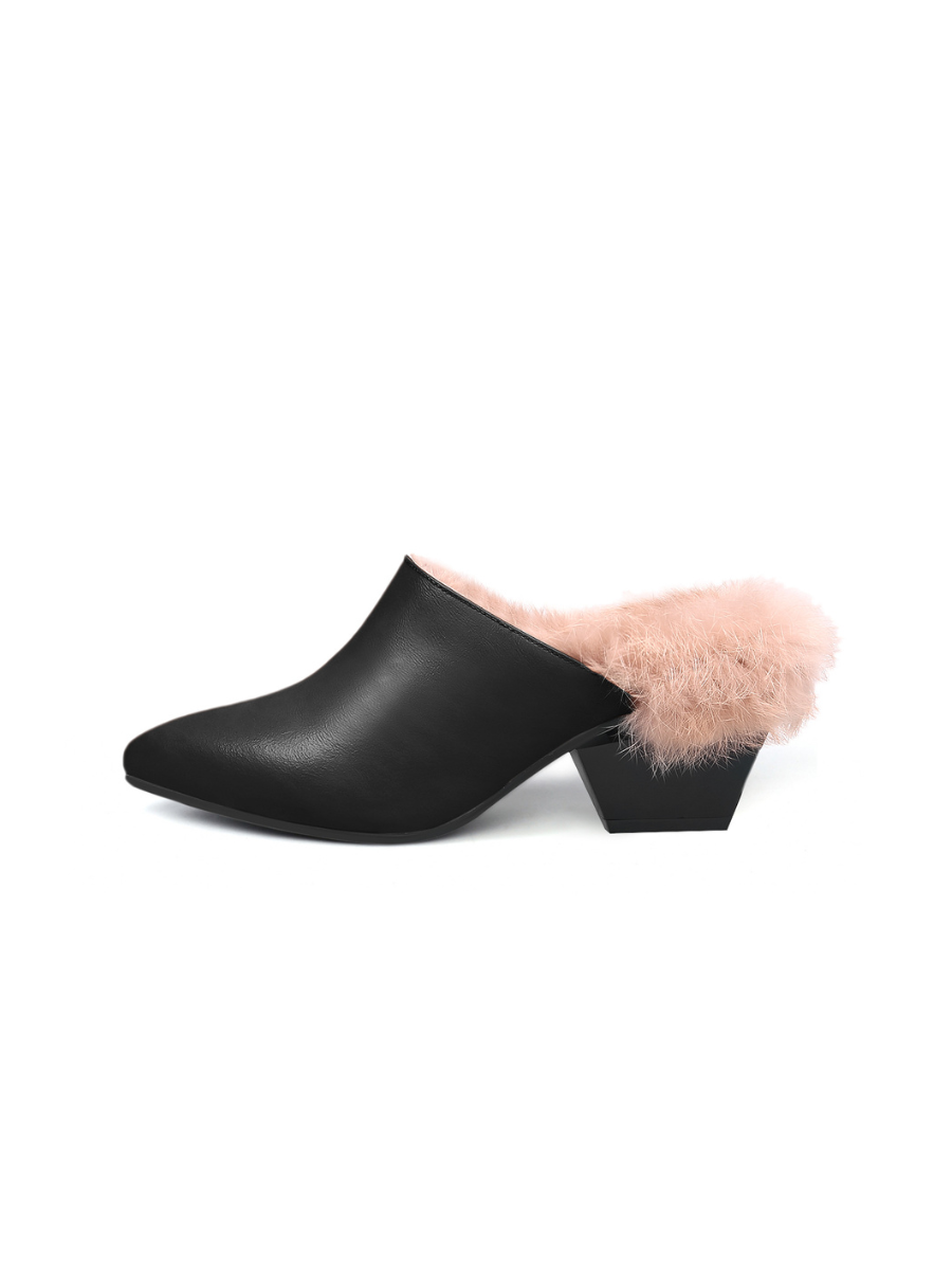 JADY ROSE | FAUX FUR LINED POINTED LEATHER MULE - BLACK