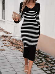 Eloise Striped Bodycon Sweater Midi Dress - Black