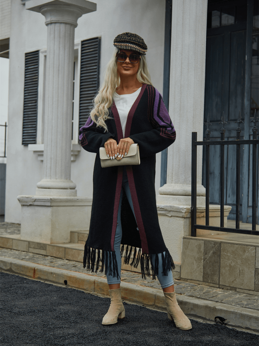 Nemah Fringe Hem Long Cardigan - Black