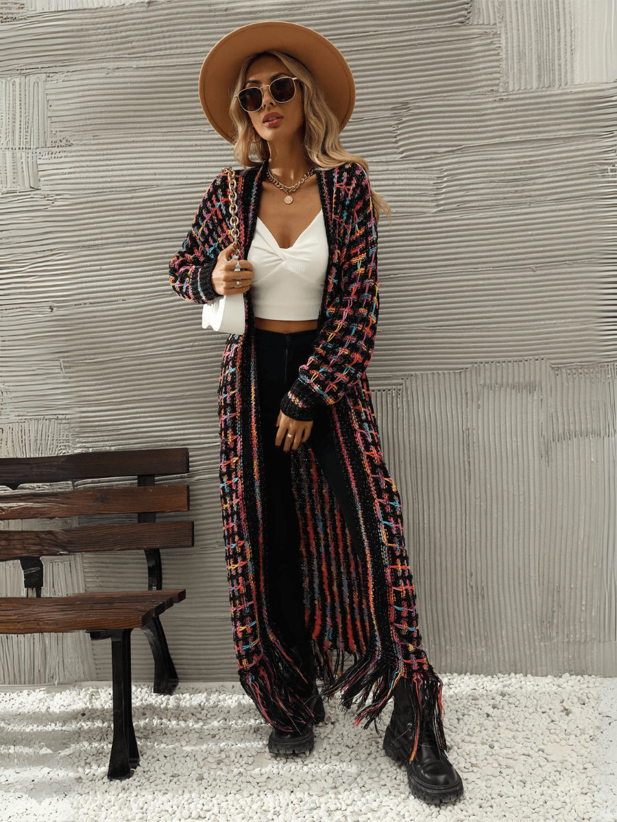 Lana Fringe Hem Knit Duster Cardigan - Black