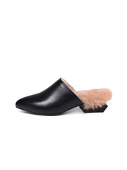 JADY ROSE | FAUX FUR LINED BLACK LEATHER FLAT MULE