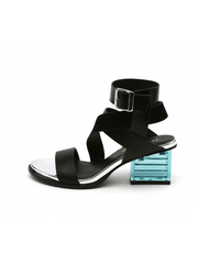 JADY ROSE | BLOCK HEEL CROSS TRIPLE-STAP LEATHER SANDAL - BLACK