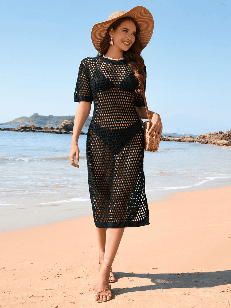 Beachcomber Crochet Coverup Knit Midi Dress - Black