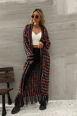 Lana Fringe Hem Knit Duster Cardigan - Black