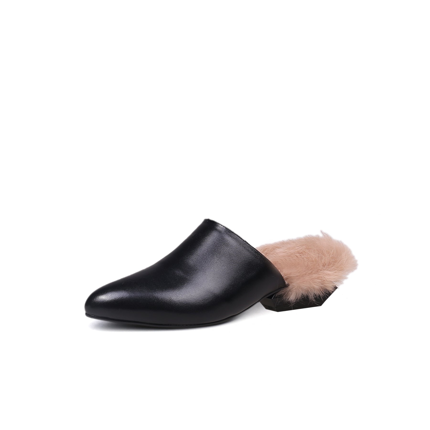 JADY ROSE | FAUX FUR LINED BLACK LEATHER FLAT MULE