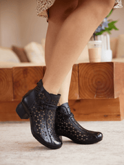 Rumour Has It | Snowflake Perforated Upper Leather Boots - Black