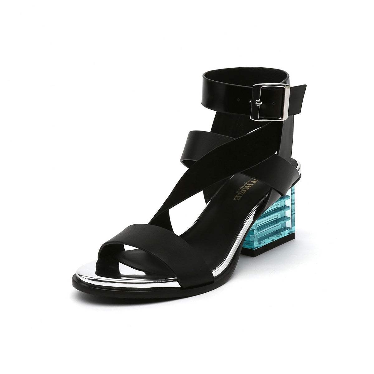 JADY ROSE | BLOCK HEEL CROSS TRIPLE-STAP LEATHER SANDAL - BLACK