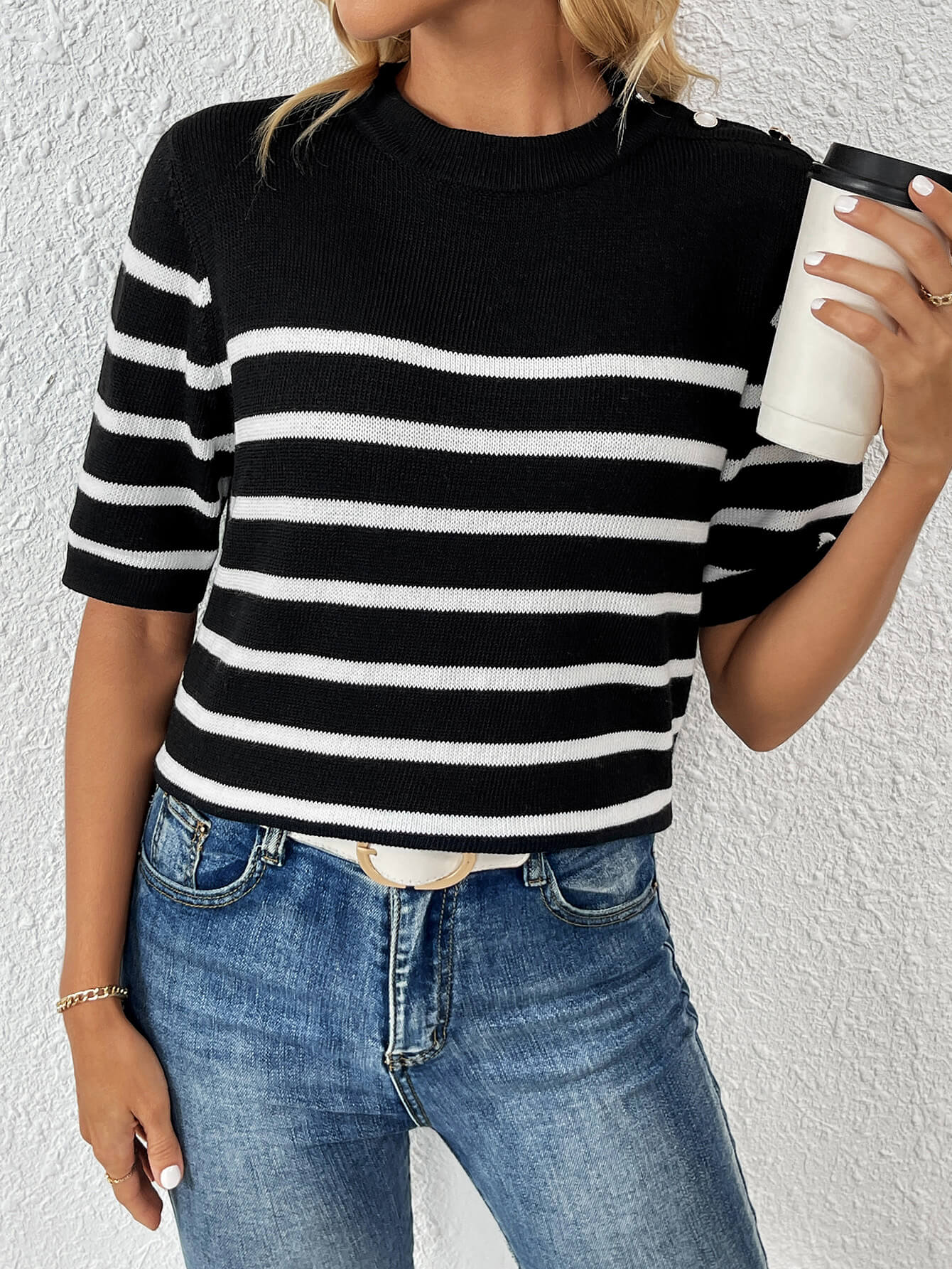 Regatta Striped Crew Neck Short Sleeve Knit Top - Black