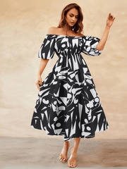 Summer in Amalfi Puff Sleeve Midi Dress - Black