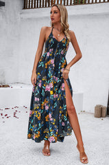 Hawaii Floral Print Tie Back Halter Maxi Dress - Black