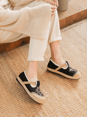 Cactus Rose | Blooming Moon Embroidered Linen Espadrilles - Black