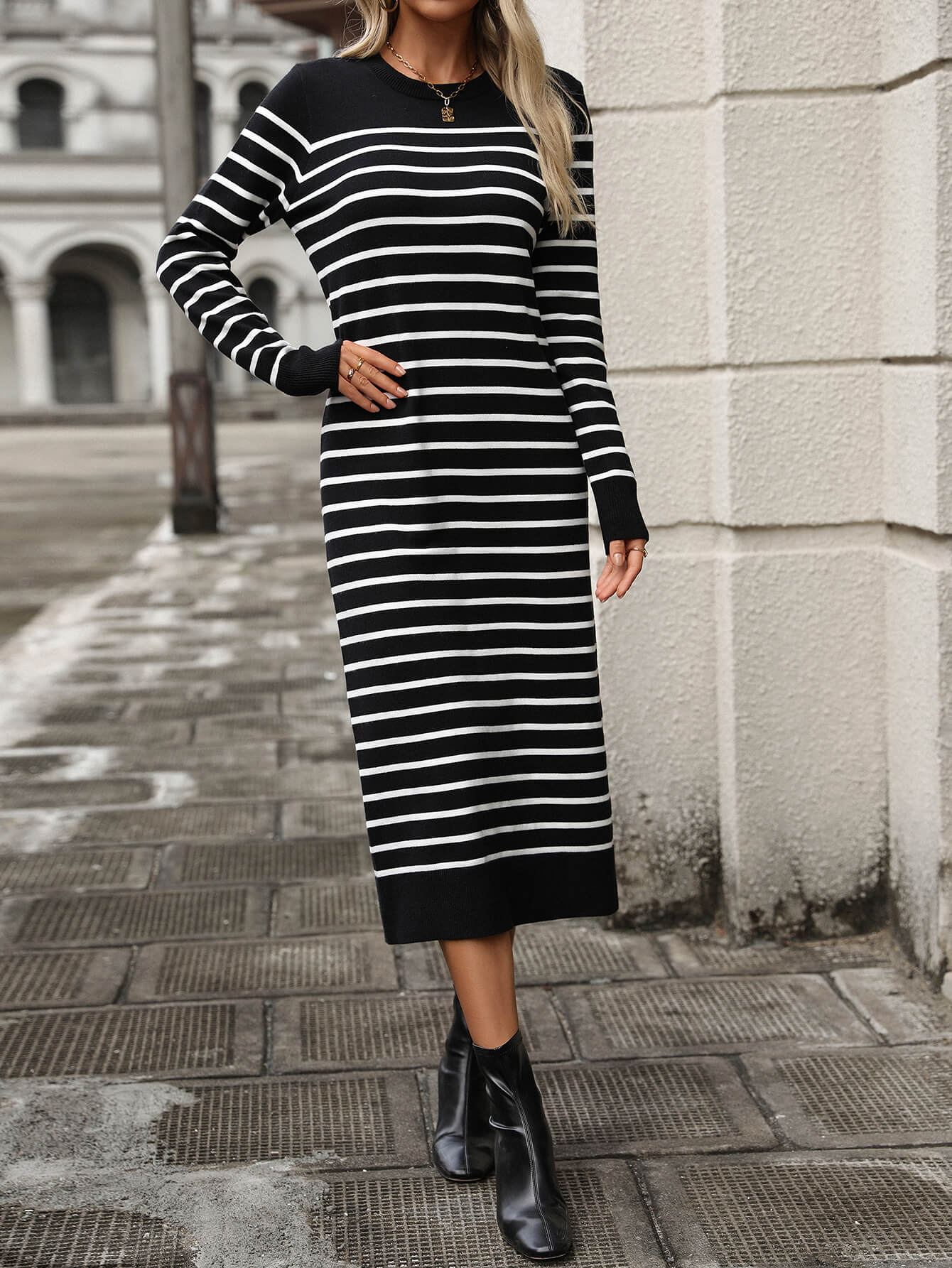 Seville Striped Sweater Midi Dress - Black